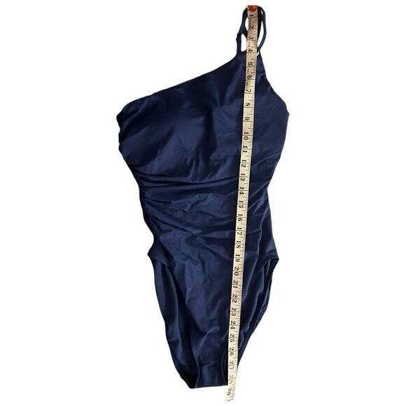 Lauren Ralph Lauren Navy Blue Ruched Asymmetrical One Piece Swim suit Size 8 - Picture 7 of 8
